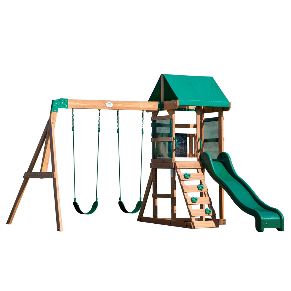 Backyard Discovery Buckley Hill Cedar Wood Swing Set with Two Belt Swings & Shaded Deck pinegardens
