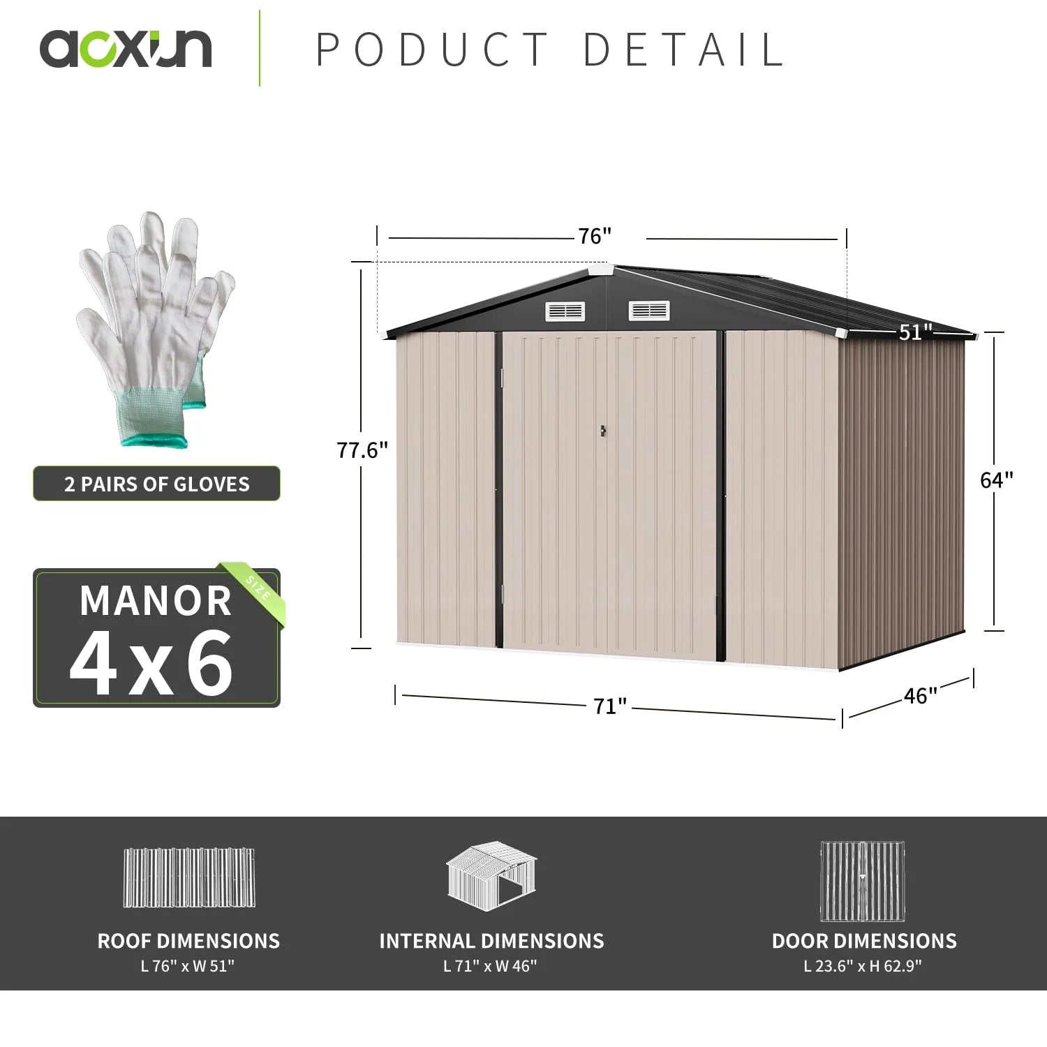 Aoxun 6.4x4 FT Outdoor Storage Shed for Tool, Garden pinegardens
