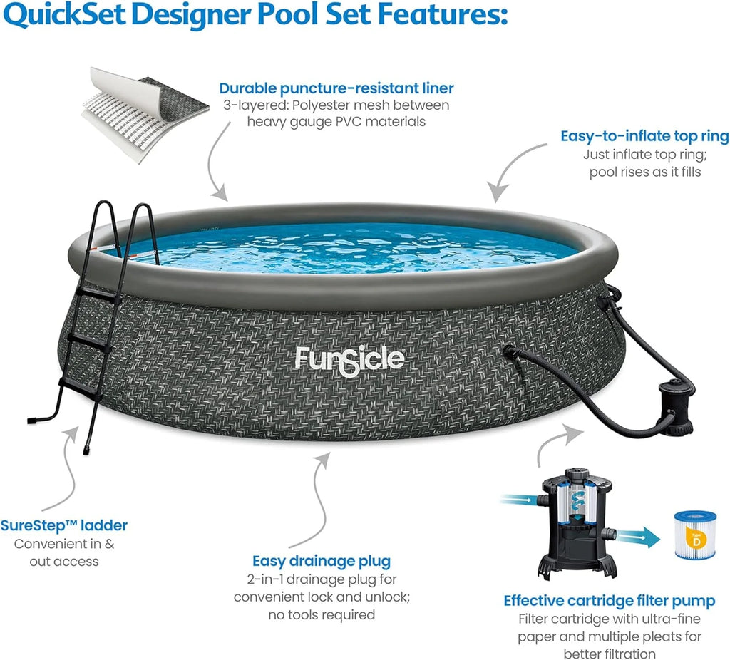 Funsicle 12 Foot by 36 Inch Quickset Round Inflatable Ring Top Outdoor Above Ground Swimming Pool Set with Pump and Cartridge Filter, Dark Herringbone mysite