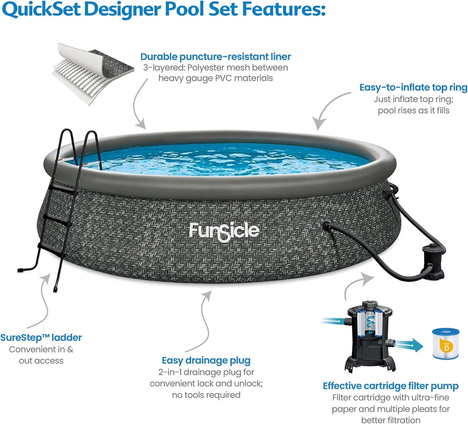 Funsicle 12 Foot by 36 Inch Quickset Round Inflatable Ring Top Outdoor Above Ground Swimming Pool Set with Pump and Cartridge Filter, Dark Herringbone mysite