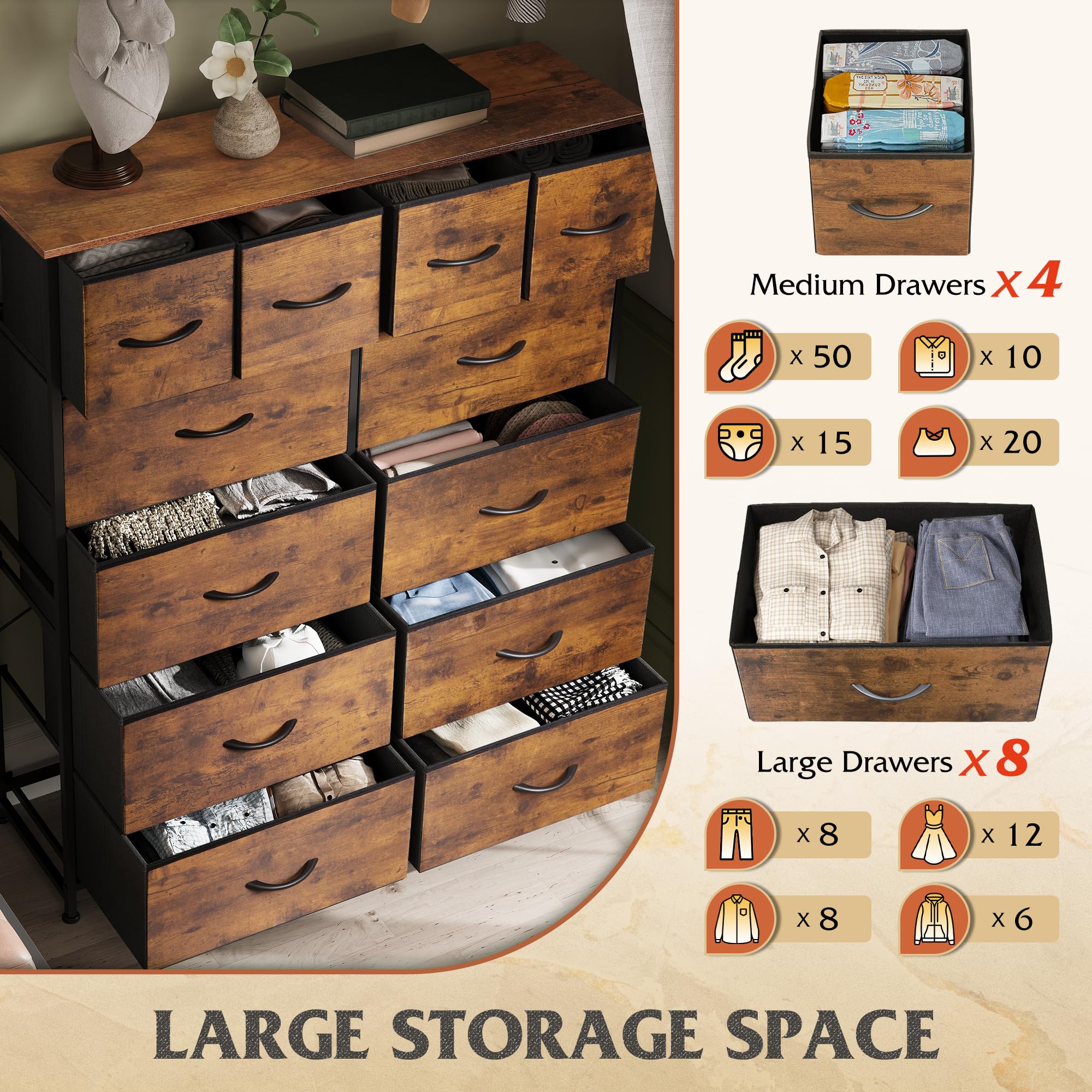 WLIVE Tall Dresser for Bedroom with 12 Drawers pinegardens