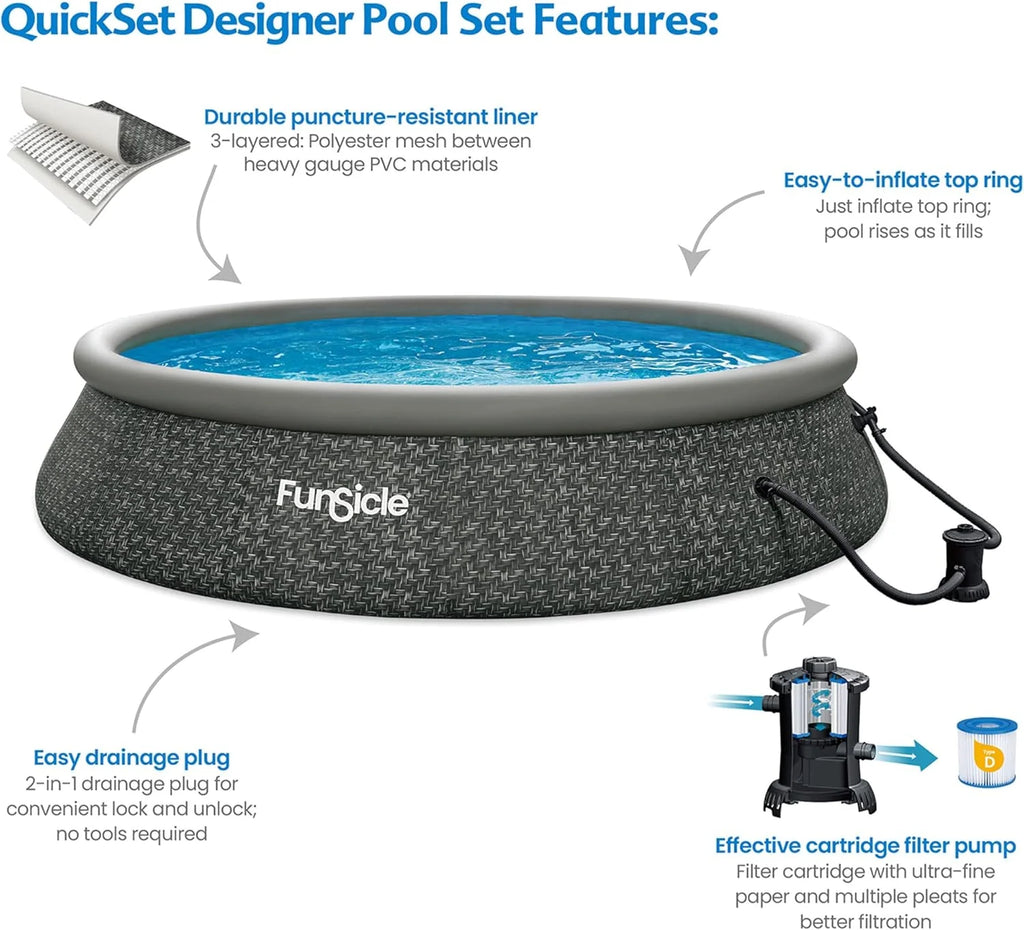 Funsicle 12 Foot by 36 Inch Quickset Round Inflatable Ring Top Outdoor Above Ground Swimming Pool Set with Pump and Cartridge Filter, Dark Herringbone mysite