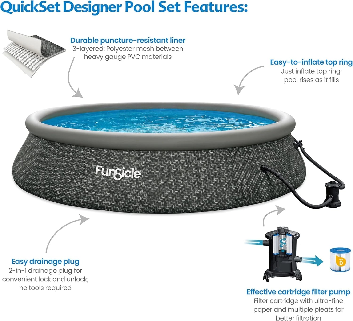 Funsicle 12 Foot by 36 Inch Quickset Round Inflatable Ring Top Outdoor Above Ground Swimming Pool Set with Pump and Cartridge Filter, Dark Herringbone mysite