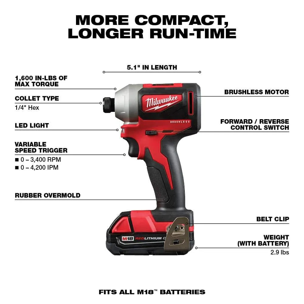 M18 18V Lithium-Ion Brushless Cordless Compact Drill/Impact Combo Kit (2-Tool) W/ (2) 2.0Ah Batteries, Charger & Bag 2892-22CT pinegardens