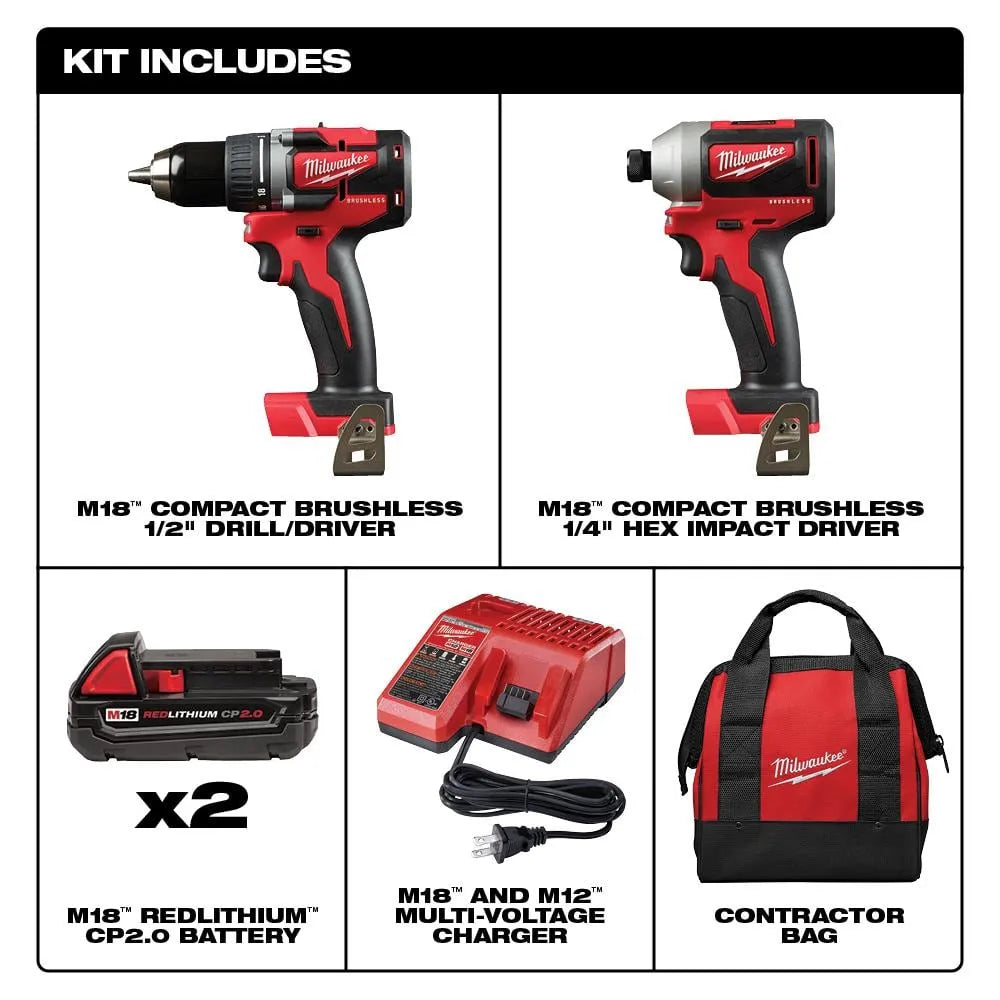 M18 18V Lithium-Ion Brushless Cordless Compact Drill/Impact Combo Kit (2-Tool) W/ (2) 2.0Ah Batteries, Charger & Bag 2892-22CT pinegardens