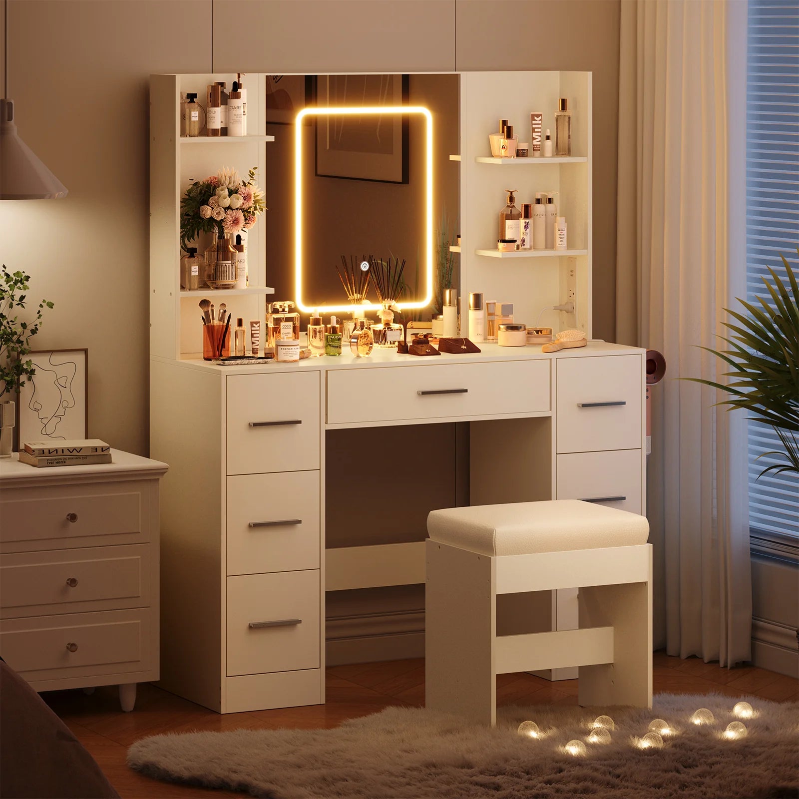 Garvee 43.3'' Vanity Desk Stool Set, Modern Makeup Table with Lighted Mirror, Power Outlet, 7 Drawers, 4 Open Shelves, White pinegardens