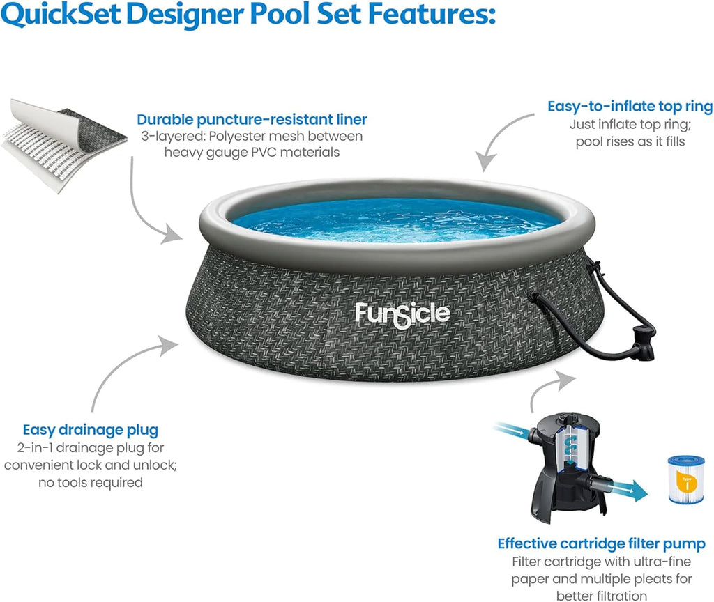 Funsicle 12 Foot by 36 Inch Quickset Round Inflatable Ring Top Outdoor Above Ground Swimming Pool Set with Pump and Cartridge Filter, Dark Herringbone mysite