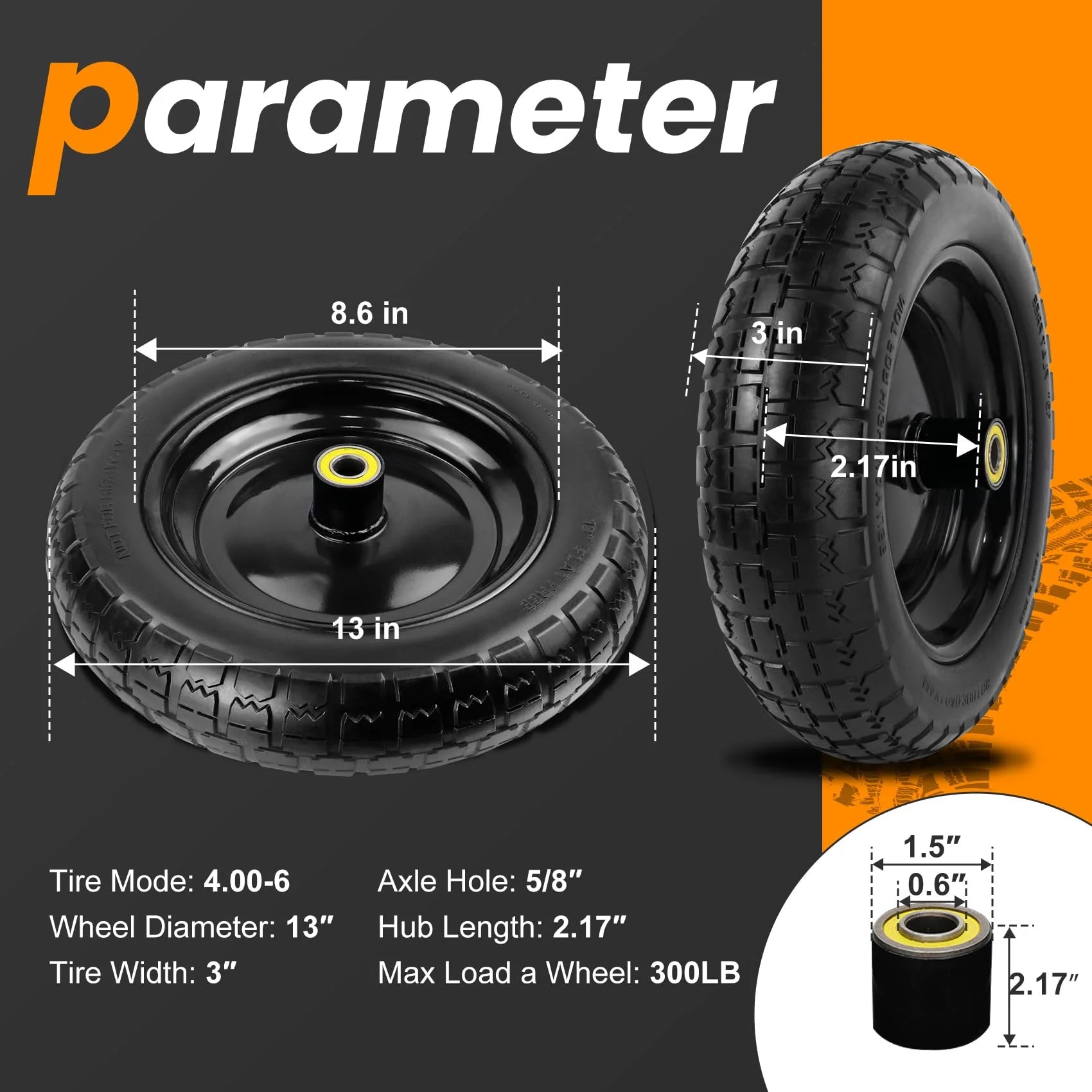 Pontuss 13" Flat Free Wheels Replacement for GOR Garden Cart pinegardens