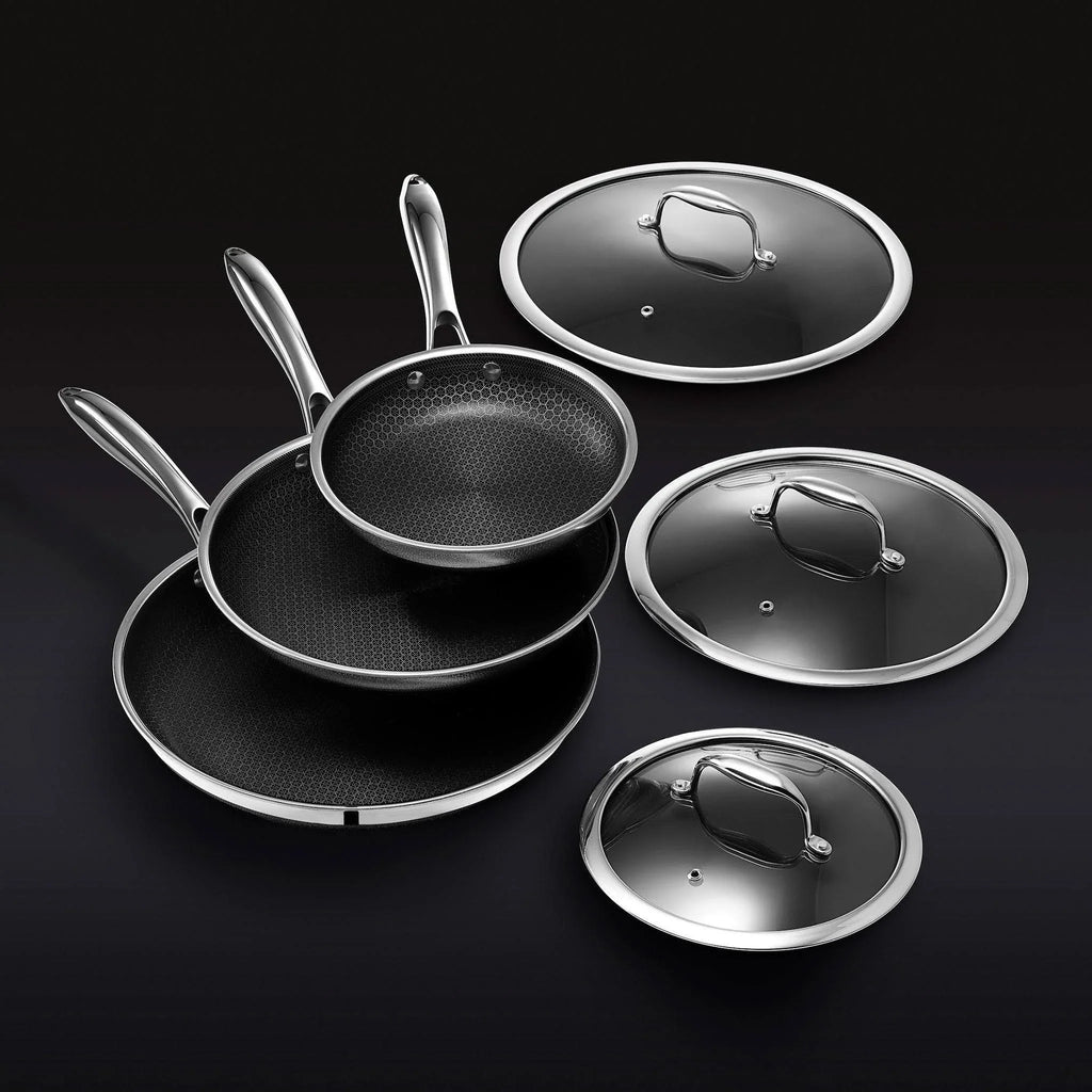 HexClad 6 Piece Hybrid Stainless Steel Cookware Pan Set 8 inch, 10 inch, 12 inch with Glass Lids, Size: One size, Black mysite