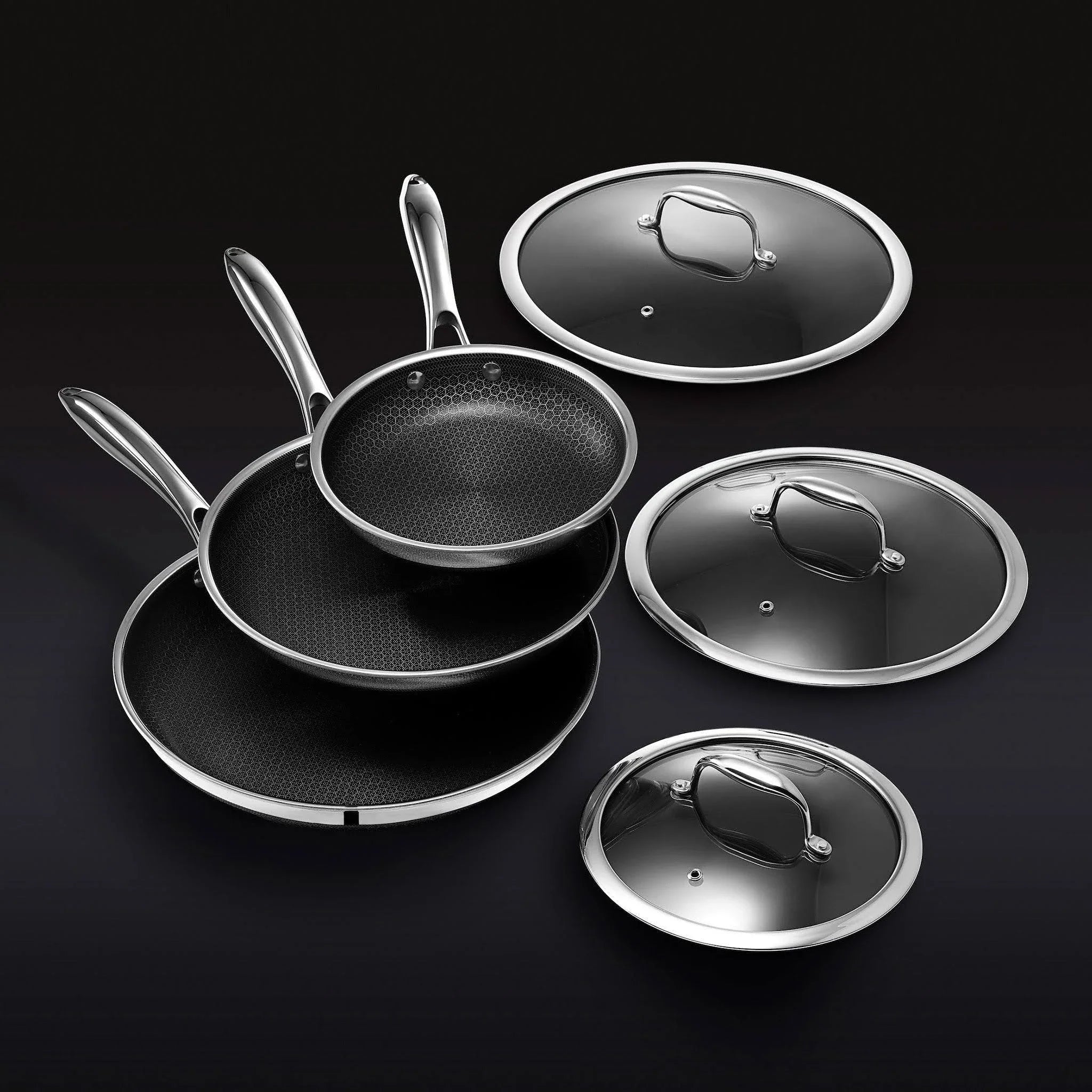 HexClad 6 Piece Hybrid Stainless Steel Cookware Pan Set 8 inch, 10 inch, 12 inch with Glass Lids, Size: One size, Black mysite