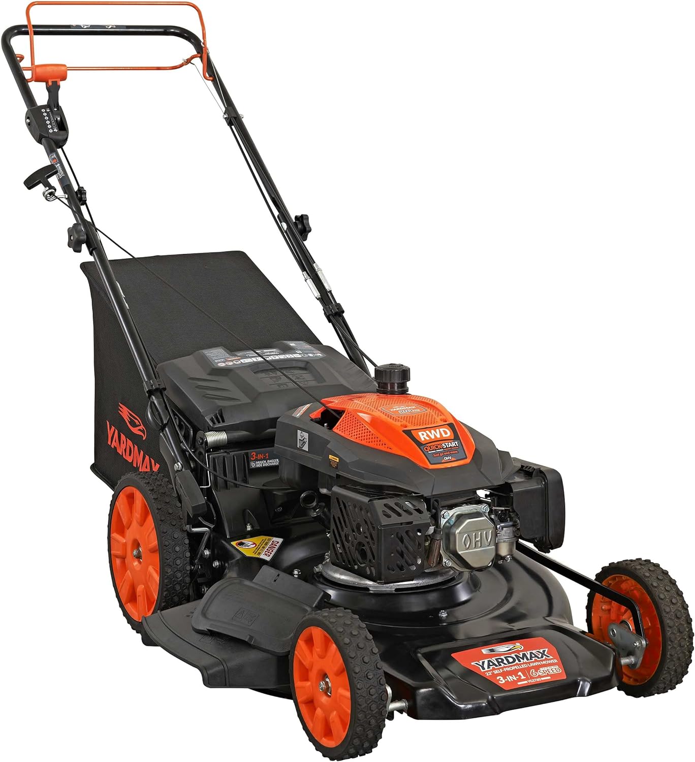 YARDMAX 22 in. 201cc Select PACE 6 Speed CVT High Wheel RWD 3-in-1 Gas Walk Behind Self Propelled Lawn Mower, Black pinegardens