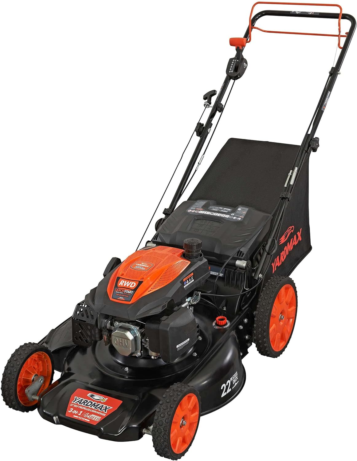 YARDMAX 22 in. 201cc Select PACE 6 Speed CVT High Wheel RWD 3-in-1 Gas Walk Behind Self Propelled Lawn Mower, Black pinegardens
