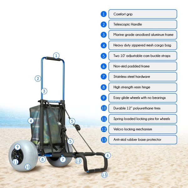 My Beach Cart Heavy Duty Folding Cart with 12′′ Balloon Tires, Aluminum Frame, Adjustable Handle, Large Mesh Bag for Sand pinegardens