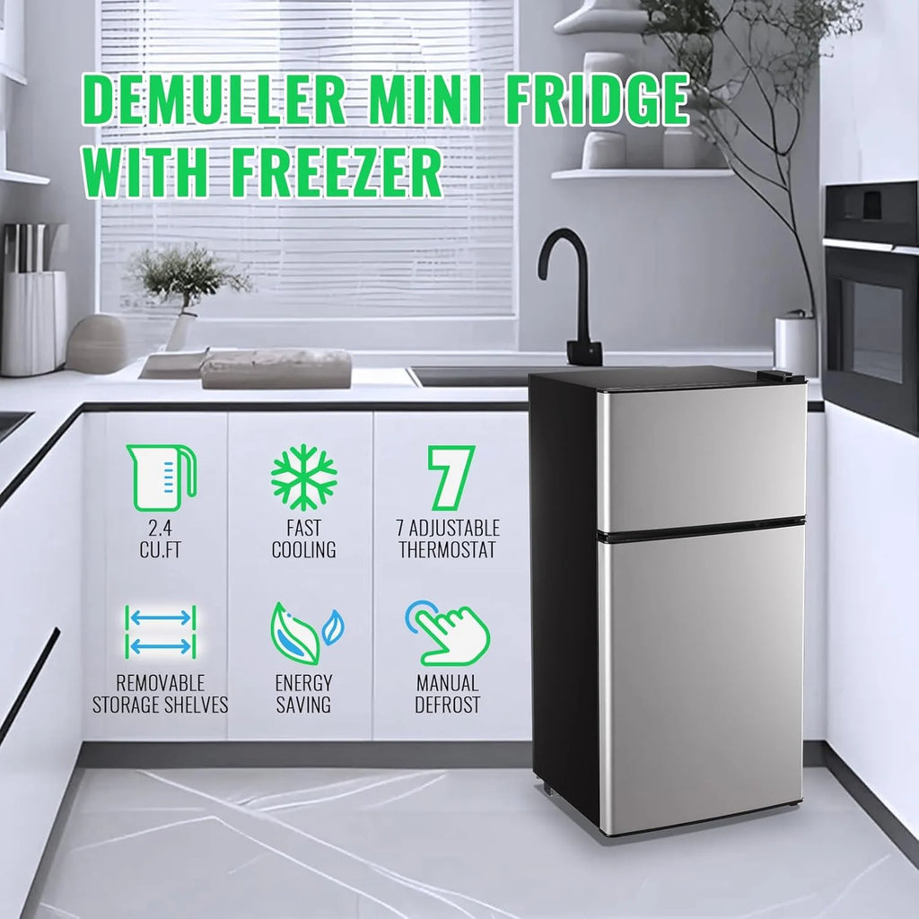 2.4 Cu.Ft Mini Fridge with Freezer & Double Door Small Tiny Size Refrigerator with 7 Temperature Control Knob Only Suitable for One Person Use Black mysite