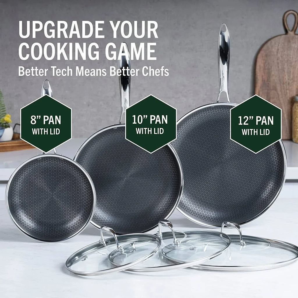 HexClad 6 Piece Hybrid Stainless Steel Cookware Pan Set 8 inch, 10 inch, 12 inch with Glass Lids, Size: One size, Black mysite
