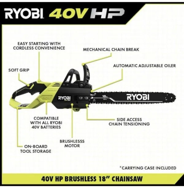 Ryobi 18′′ 40V Cordless Chainsaw Kit with Battery & Charger, Green mysite