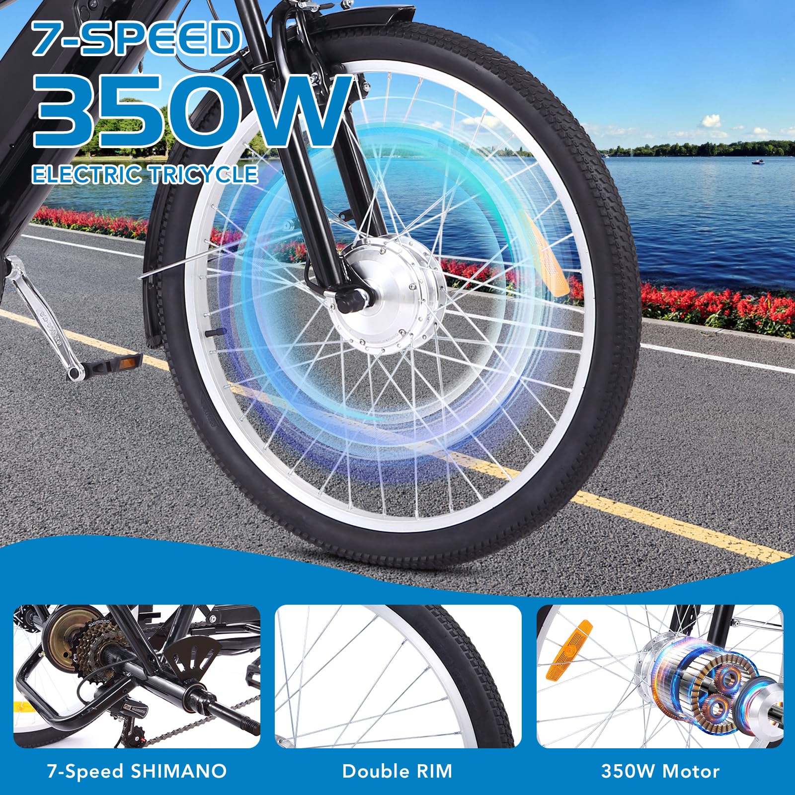 Garvee 3 Wheel Electric Bicycle for Men Women, 350W Motor Electric Tricycle for Adults, 26" Fat Tire Motorized Bicycle w/ 36V 10Ah Removable Battery, 7 Speed Electric Trike up to 50+ Miles, 3 Modes pinegardens