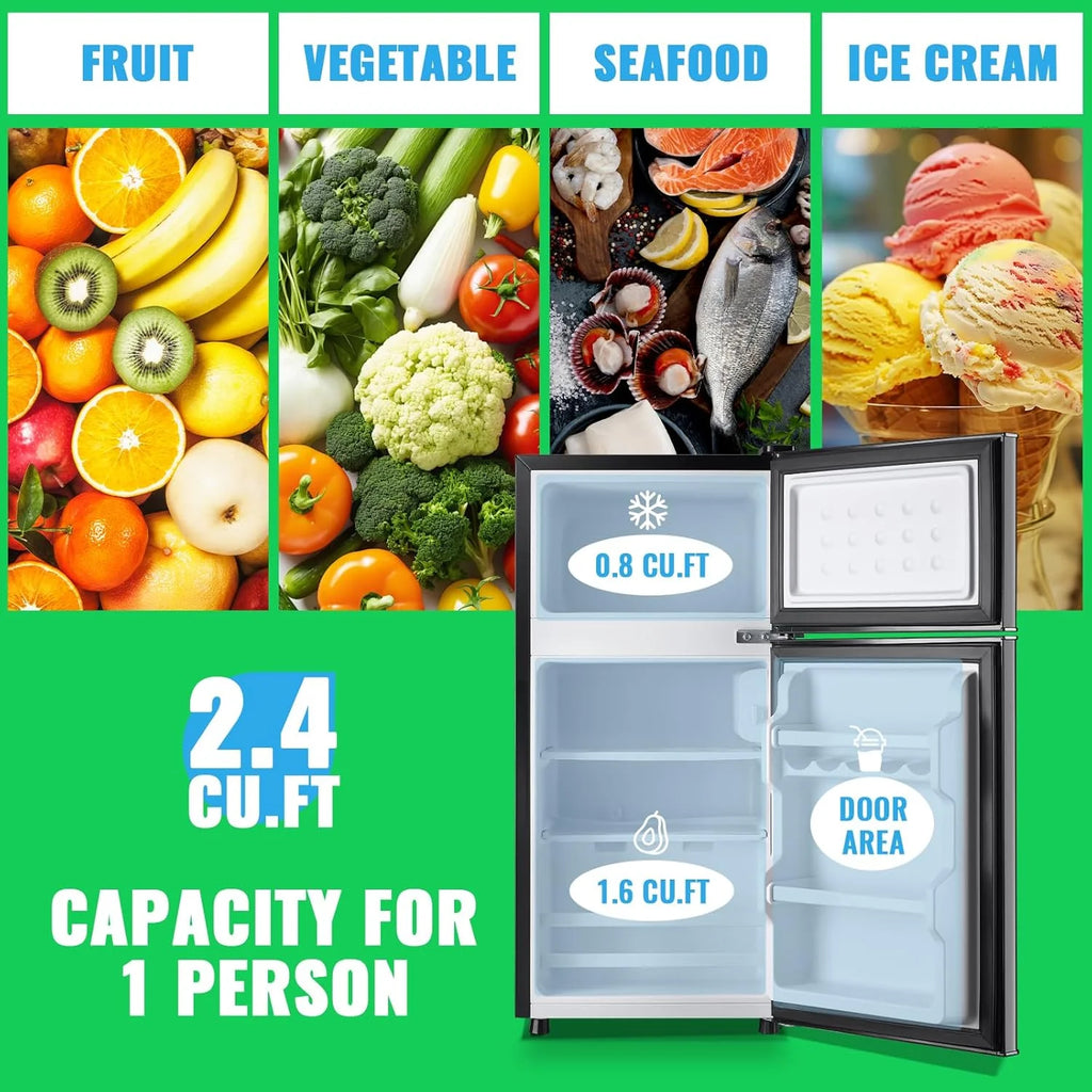 2.4 Cu.Ft Mini Fridge with Freezer & Double Door Small Tiny Size Refrigerator with 7 Temperature Control Knob Only Suitable for One Person Use Black mysite