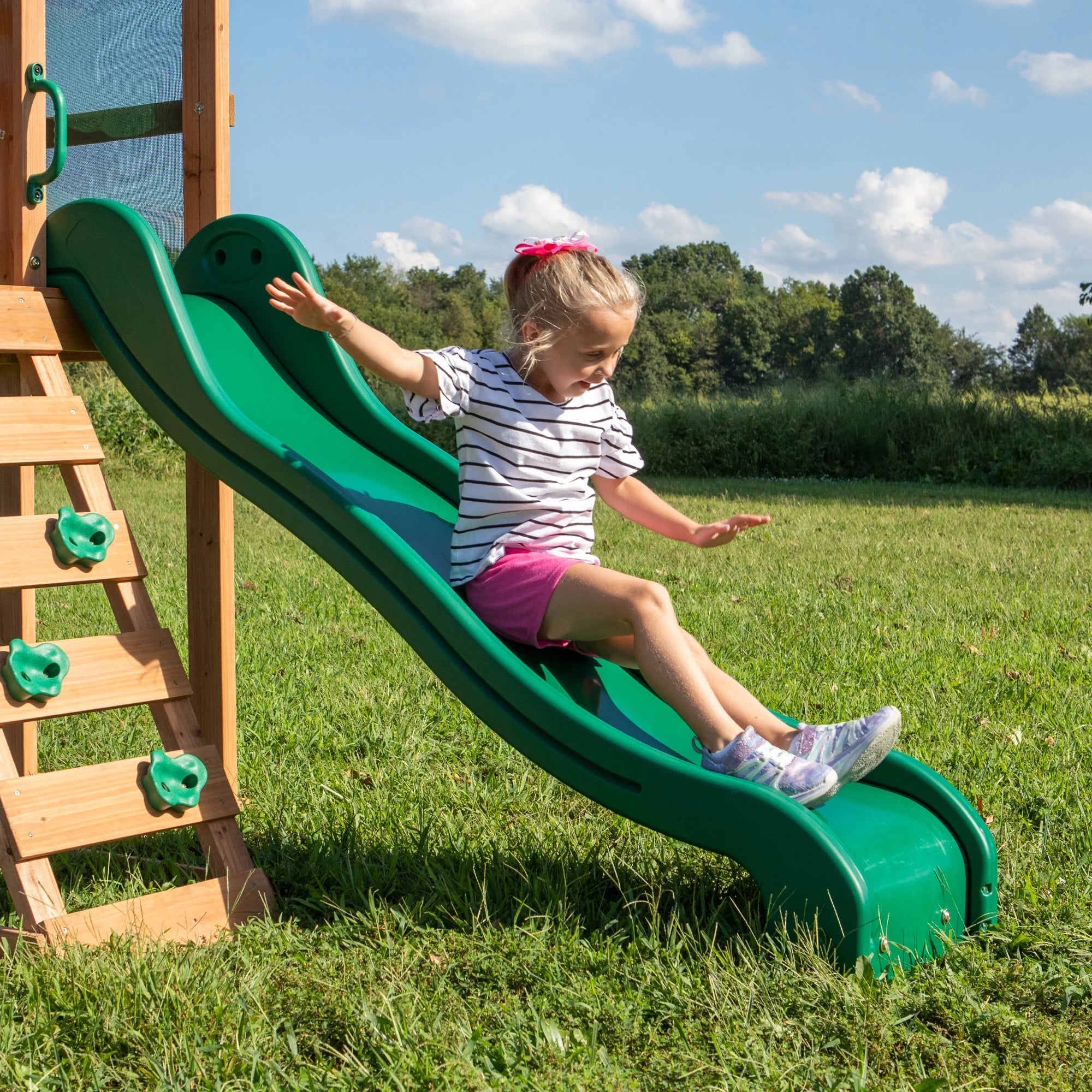 Backyard Discovery Buckley Hill Cedar Wood Swing Set with Two Belt Swings & Shaded Deck pinegardens