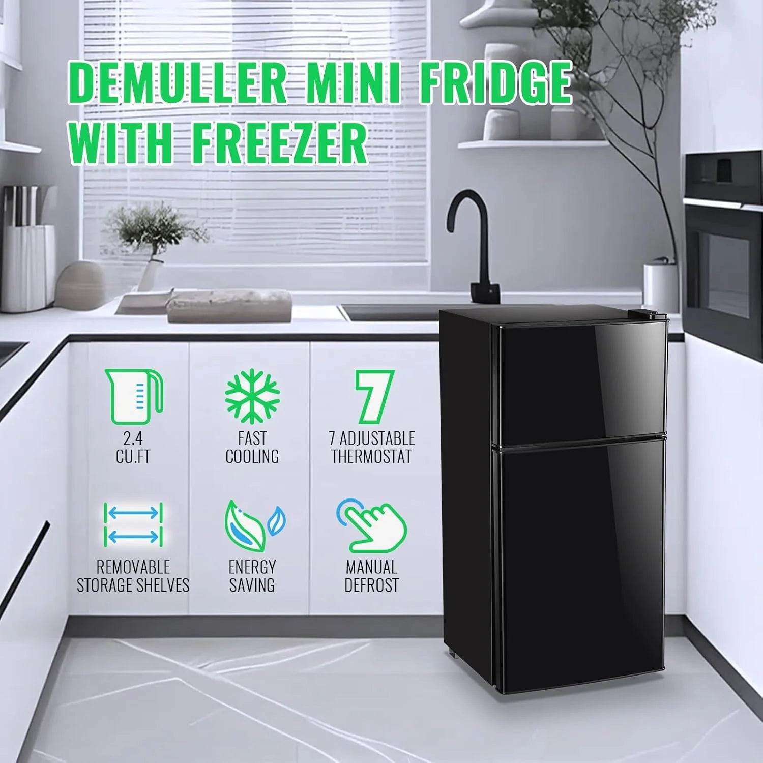 2.4 Cu.Ft Mini Fridge with Freezer & Double Door Small Tiny Size Refrigerator with 7 Temperature Control Knob Only Suitable for One Person Use Black mysite