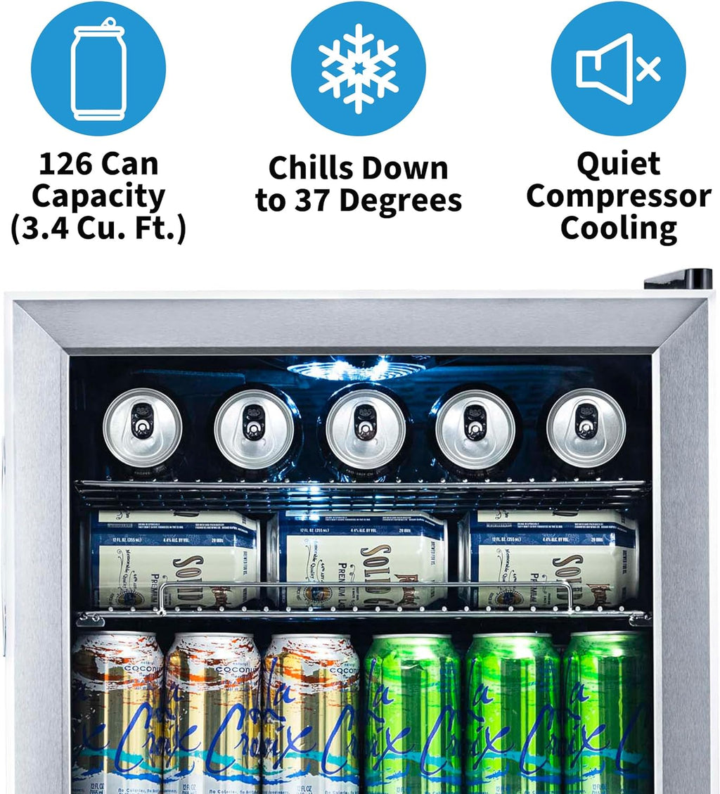 Beverage Refrigerator Cooler | 126 Cans Free Standing with Right Hinge Glass Door | Mini Fridge Beverage Organizer Perfect For Beer, Wine, Soda, And Cooler Drinks mysite