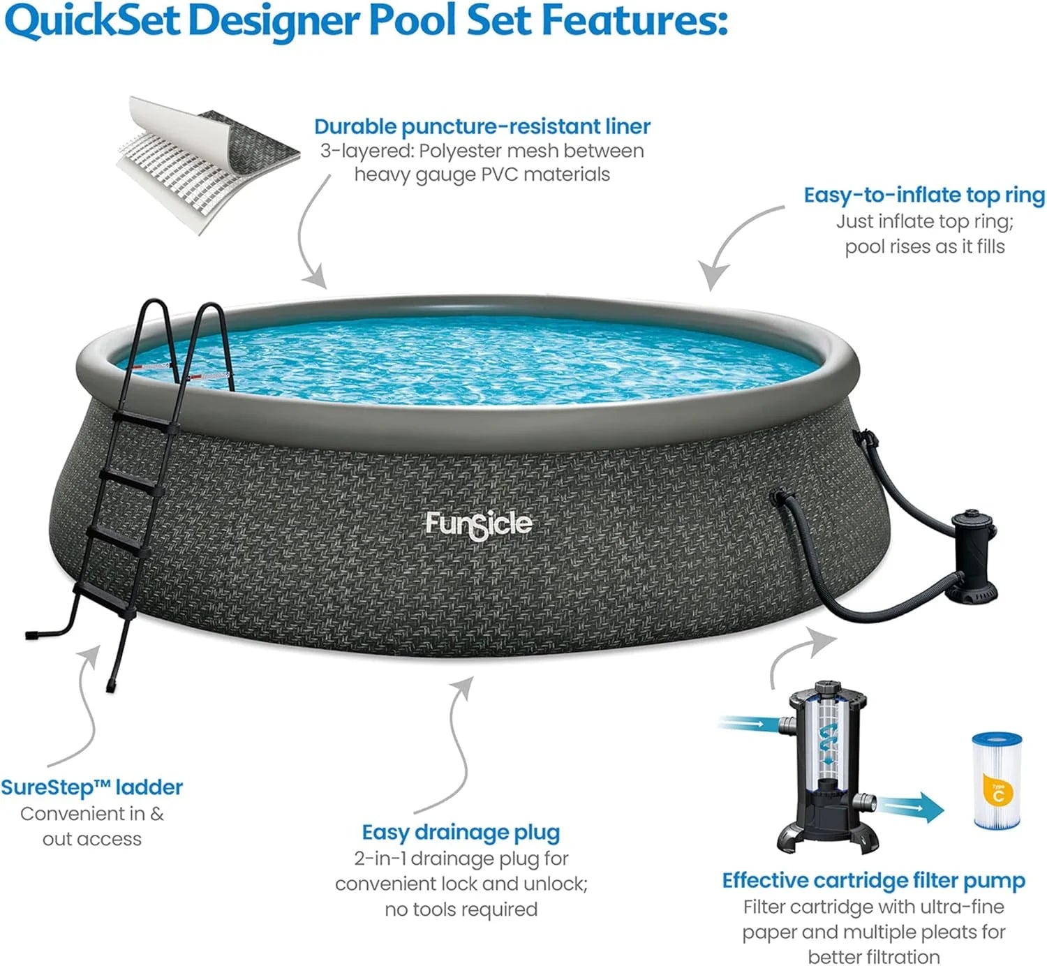 Funsicle 12 Foot by 36 Inch Quickset Round Inflatable Ring Top Outdoor Above Ground Swimming Pool Set with Pump and Cartridge Filter, Dark Herringbone mysite