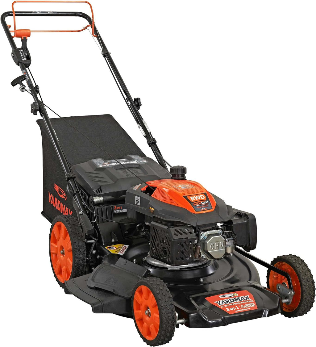 YARDMAX 22 in. 201cc Select PACE 6 Speed CVT High Wheel RWD 3-in-1 Gas Walk Behind Self Propelled Lawn Mower, Black pinegardens