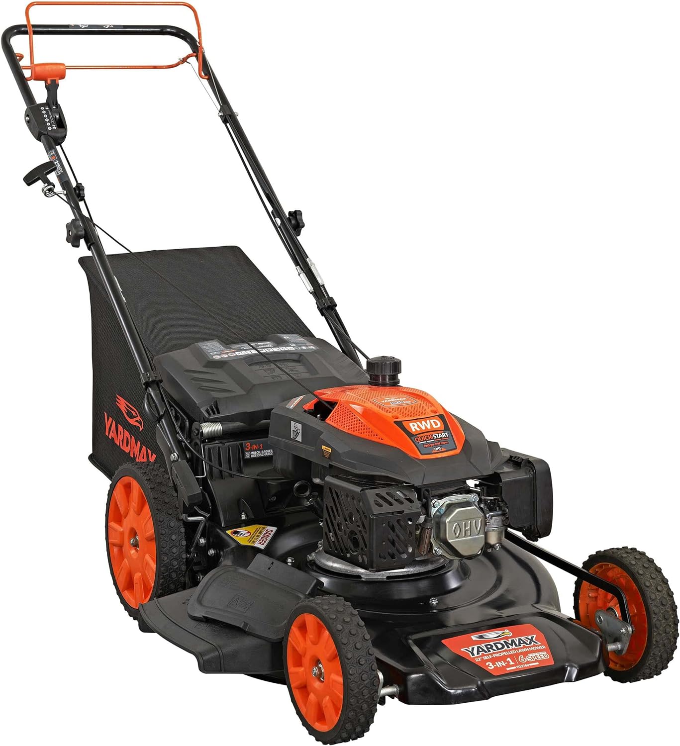YARDMAX 22 in. 201cc Select PACE 6 Speed CVT High Wheel RWD 3-in-1 Gas Walk Behind Self Propelled Lawn Mower, Black pinegardens