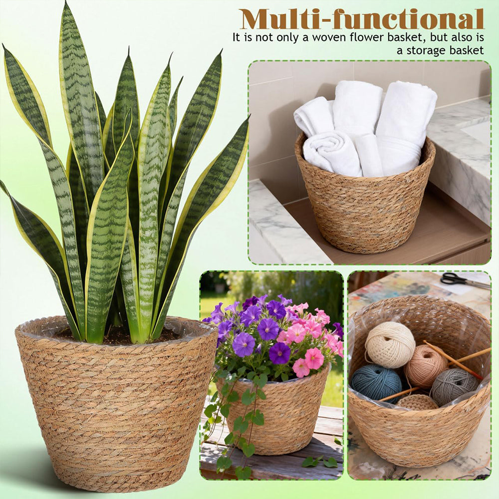 Seagrass Woven Plant Basket Set of 2 with Plastic Liner Fits 7 to 8 Inch Nursery Pots Indoor