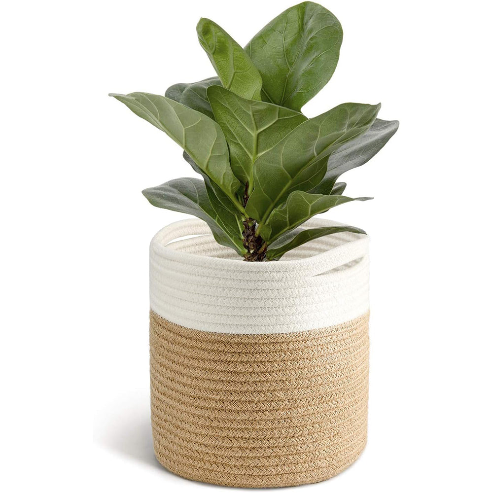 Cotton Rope Plant Basket 12 Inch Floor Planter Fits 10 Inch Pot Black and White Indoor