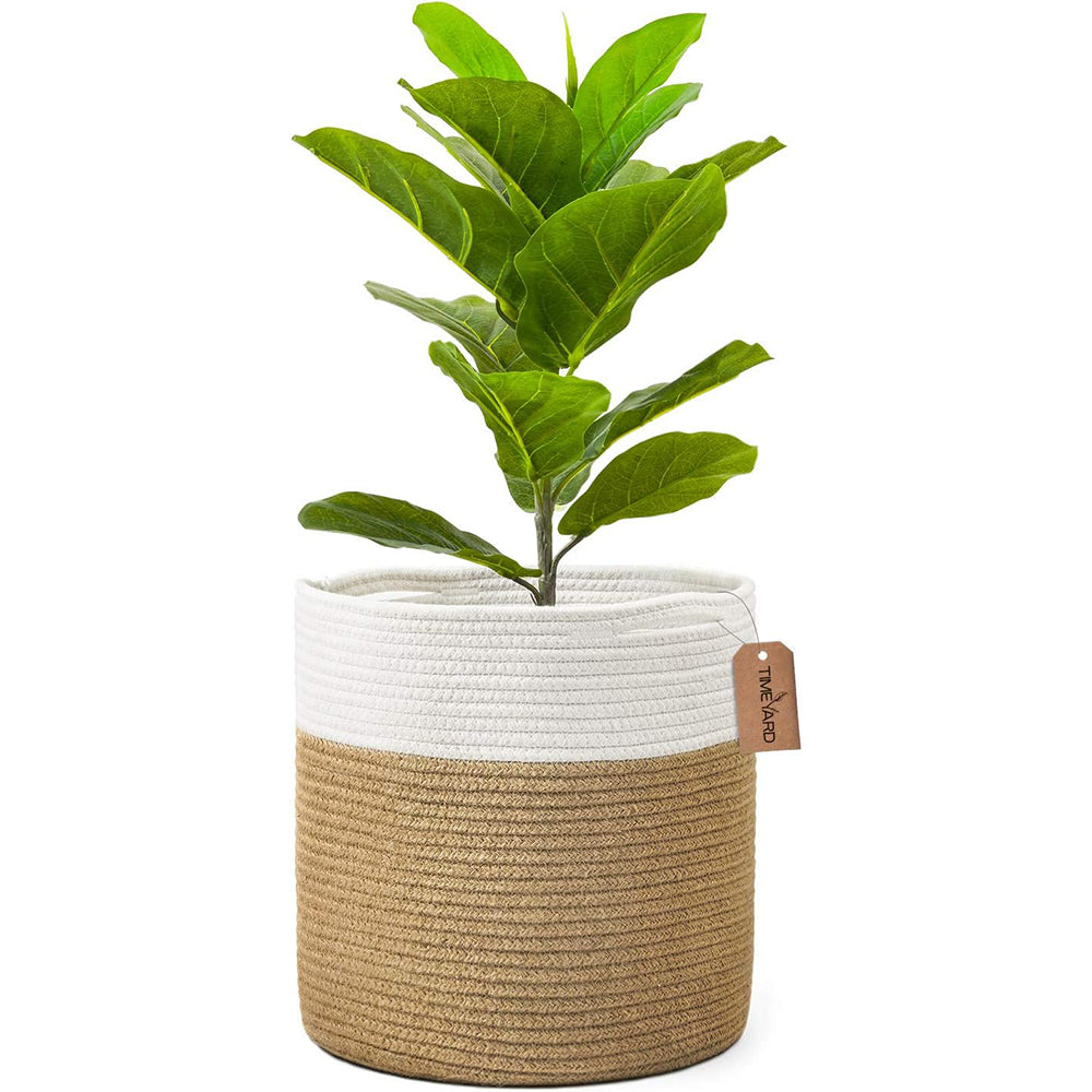 Cotton Rope Plant Basket 12 Inch Floor Planter Fits 10 Inch Pot Black and White Indoor