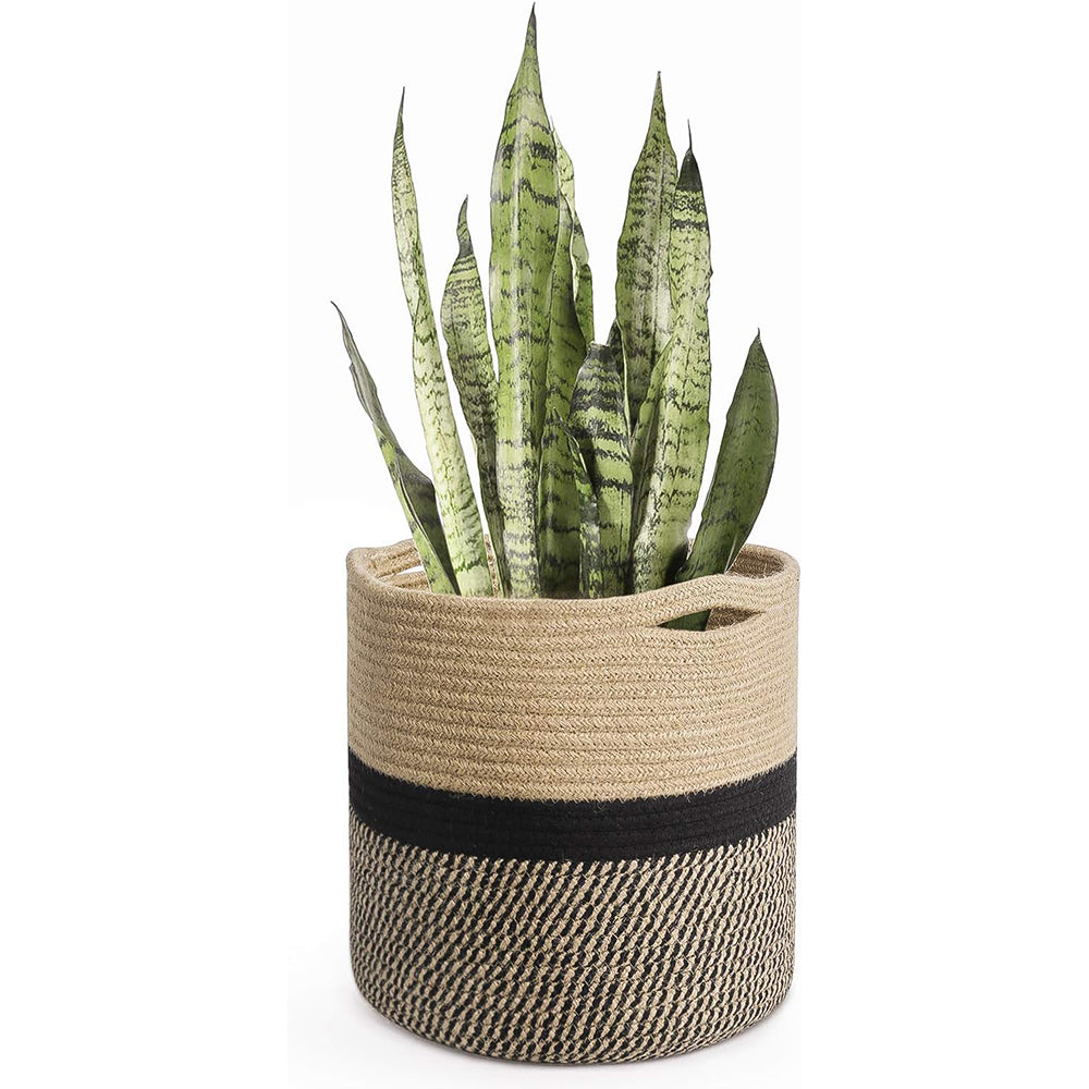 Cotton Rope Plant Basket 12 Inch Floor Planter Fits 10 Inch Pot Black and White Indoor