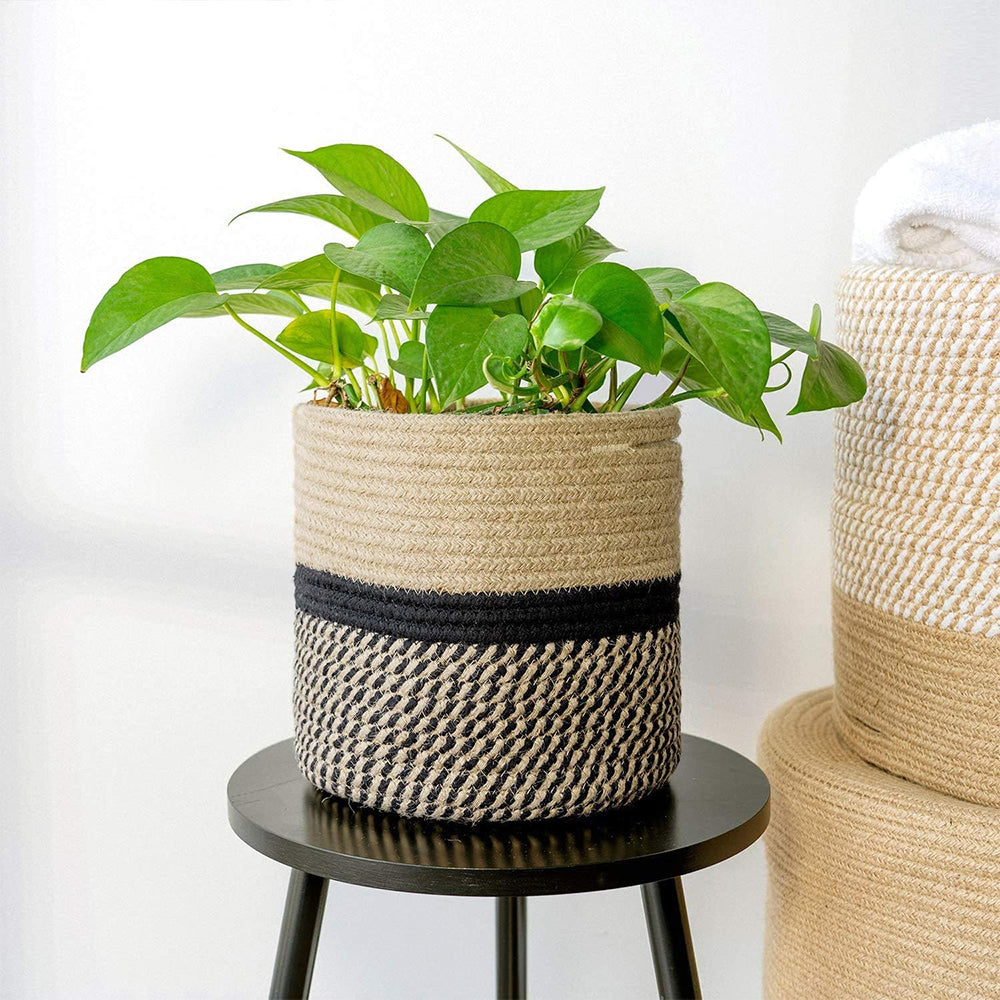 Cotton Rope Plant Basket 12 Inch Floor Planter Fits 10 Inch Pot Black and White Indoor