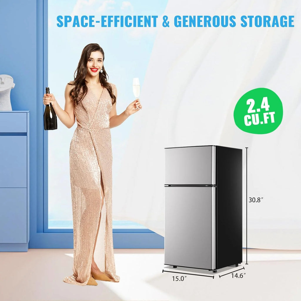 2.4 Cu.Ft Mini Fridge with Freezer & Double Door Small Tiny Size Refrigerator with 7 Temperature Control Knob Only Suitable for One Person Use Black mysite