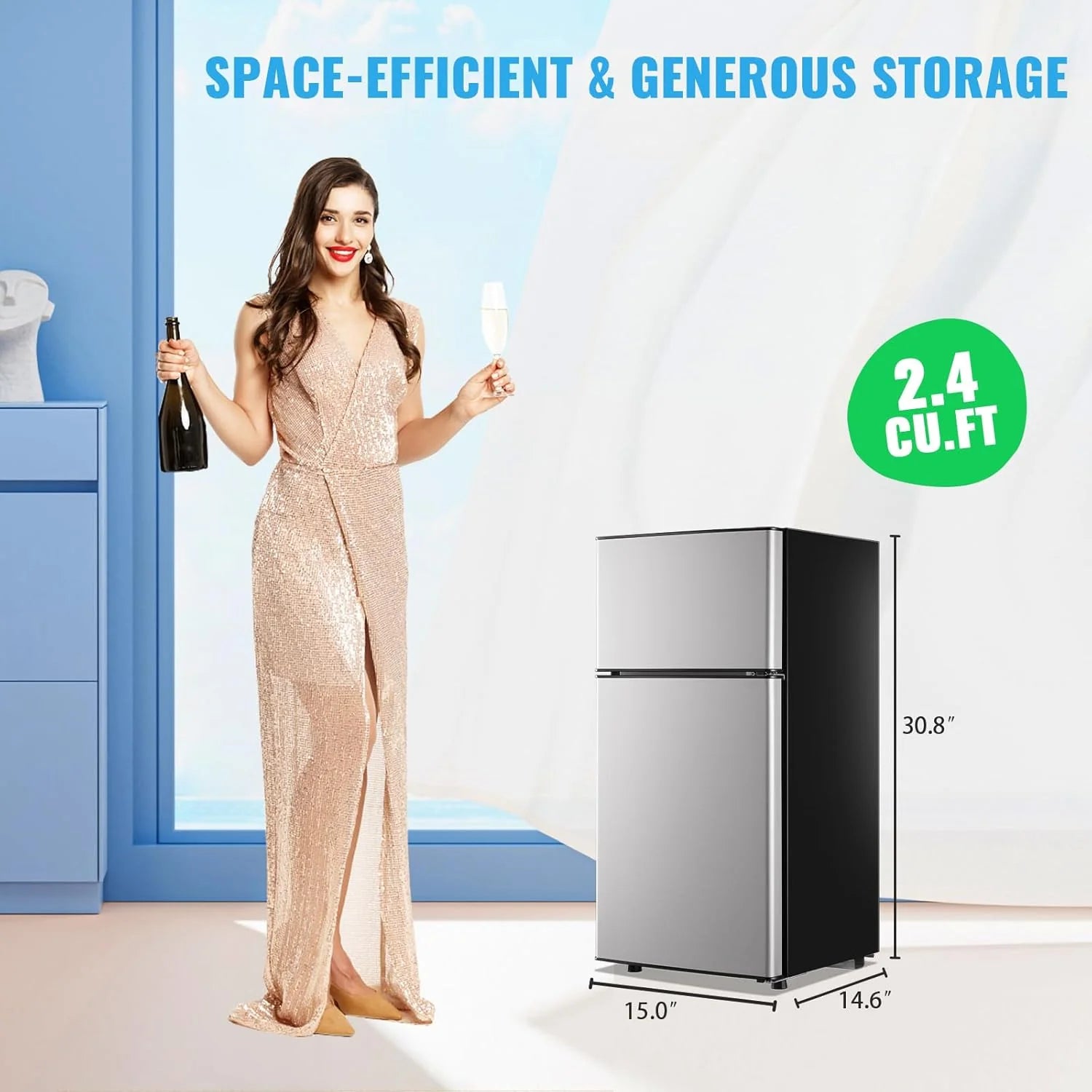 2.4 Cu.Ft Mini Fridge with Freezer & Double Door Small Tiny Size Refrigerator with 7 Temperature Control Knob Only Suitable for One Person Use Black mysite