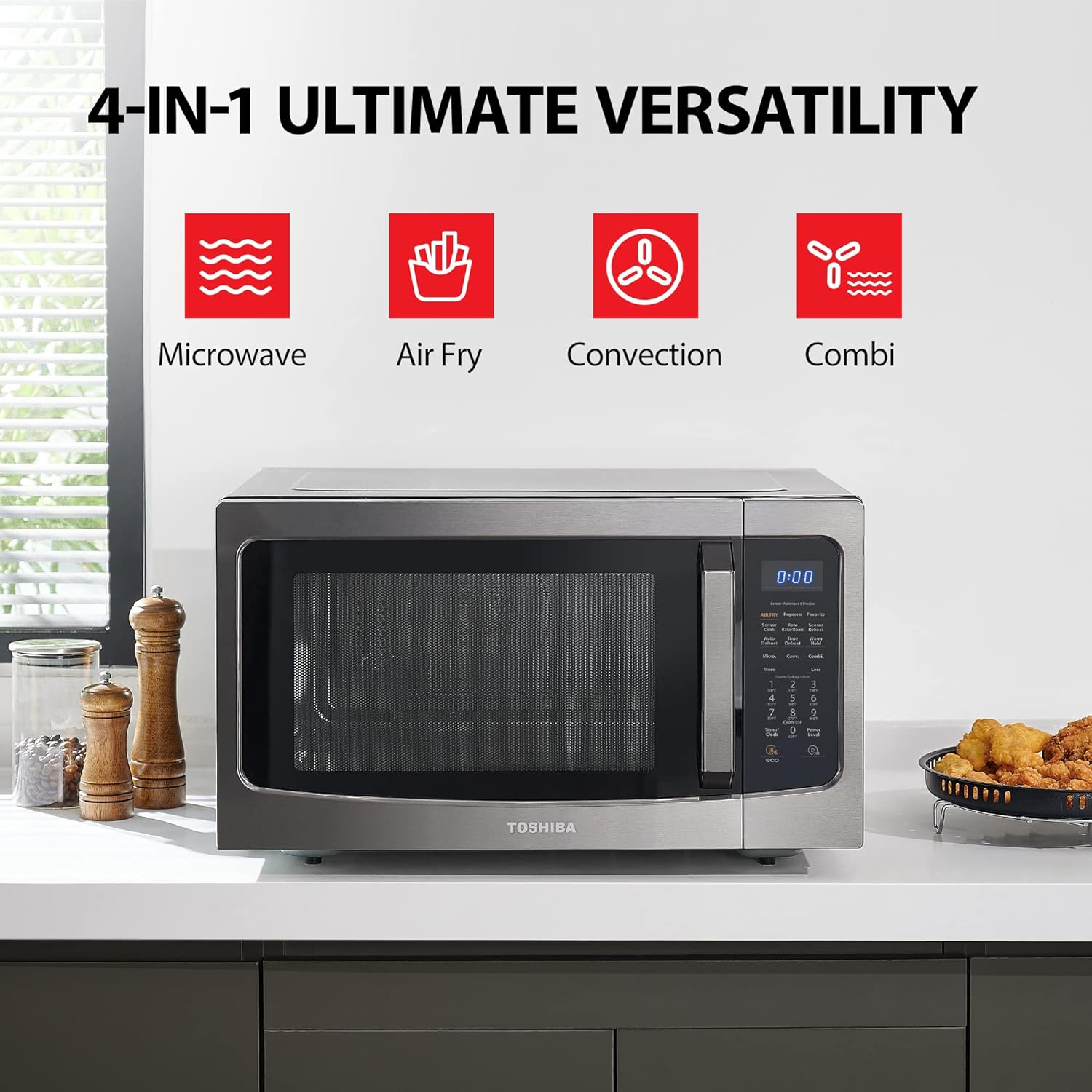 TOSHIBA 4-in-1 ML-EC42P(SS) Countertop Microwave Oven, Smart Sensor, Convection, Air Fryer Combo, Mute Function, Position Memory 13.6" Turntable, 1.5 Cu Ft, 1000W, Silver mysite