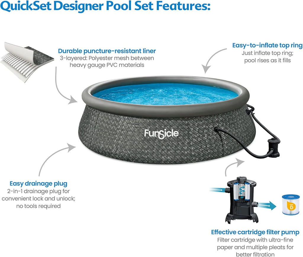 Funsicle 12 Foot by 36 Inch Quickset Round Inflatable Ring Top Outdoor Above Ground Swimming Pool Set with Pump and Cartridge Filter, Dark Herringbone mysite
