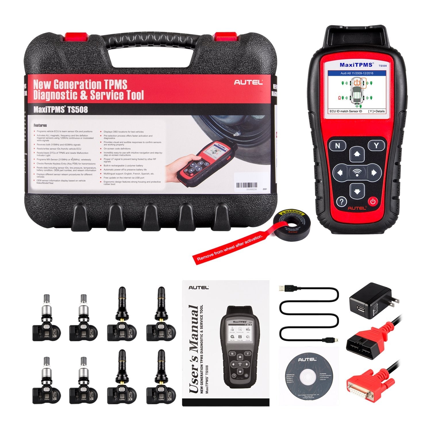 Autel MaxiTPMS TS508K TPMS Diagnostic Service Tool, Interchangeable valves with With 4 Pcs 315MHz MX-Sensor & 4 Pcs 433MHz MX-Sensor pinegardens