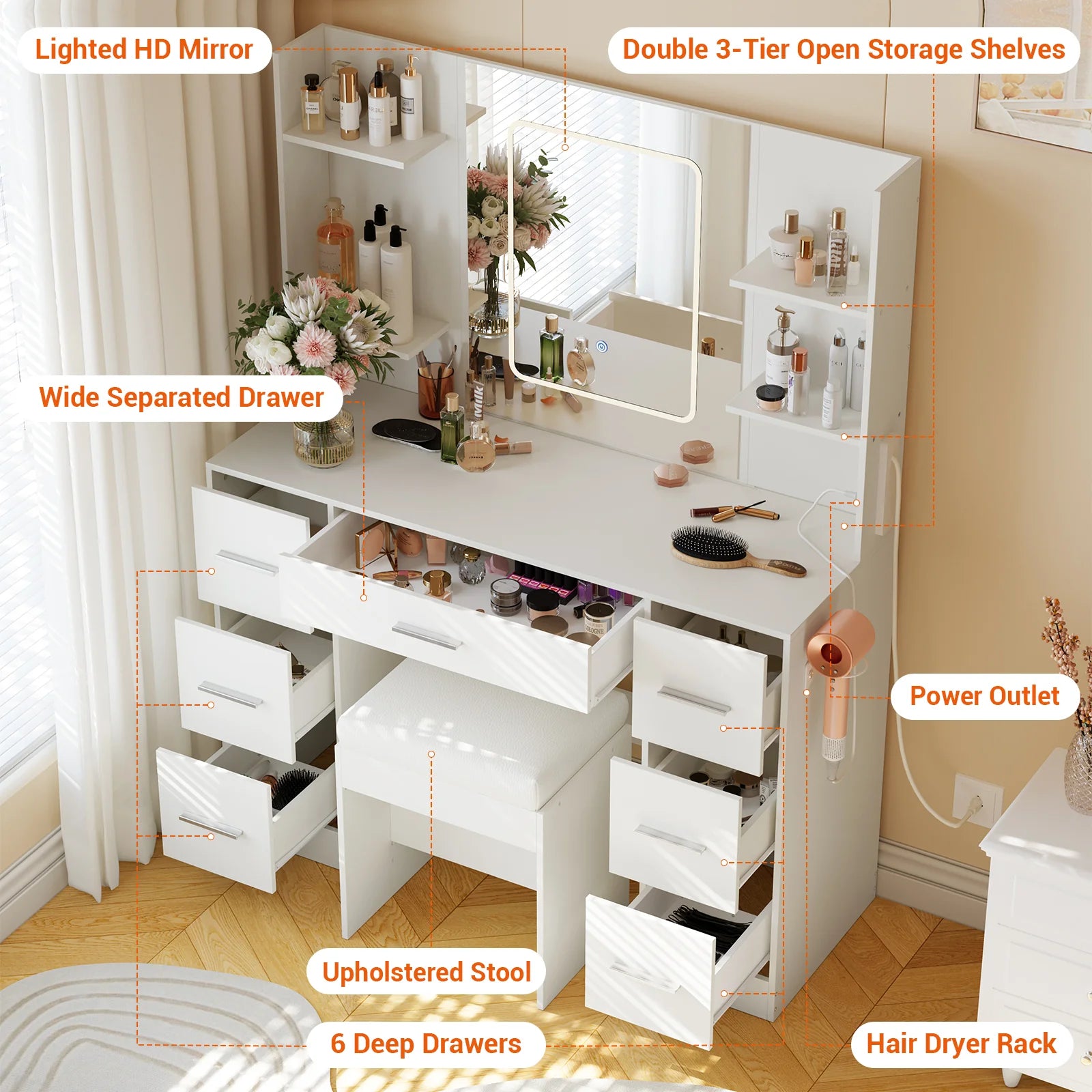 Garvee 43.3'' Vanity Desk Stool Set, Modern Makeup Table with Lighted Mirror, Power Outlet, 7 Drawers, 4 Open Shelves, White pinegardens
