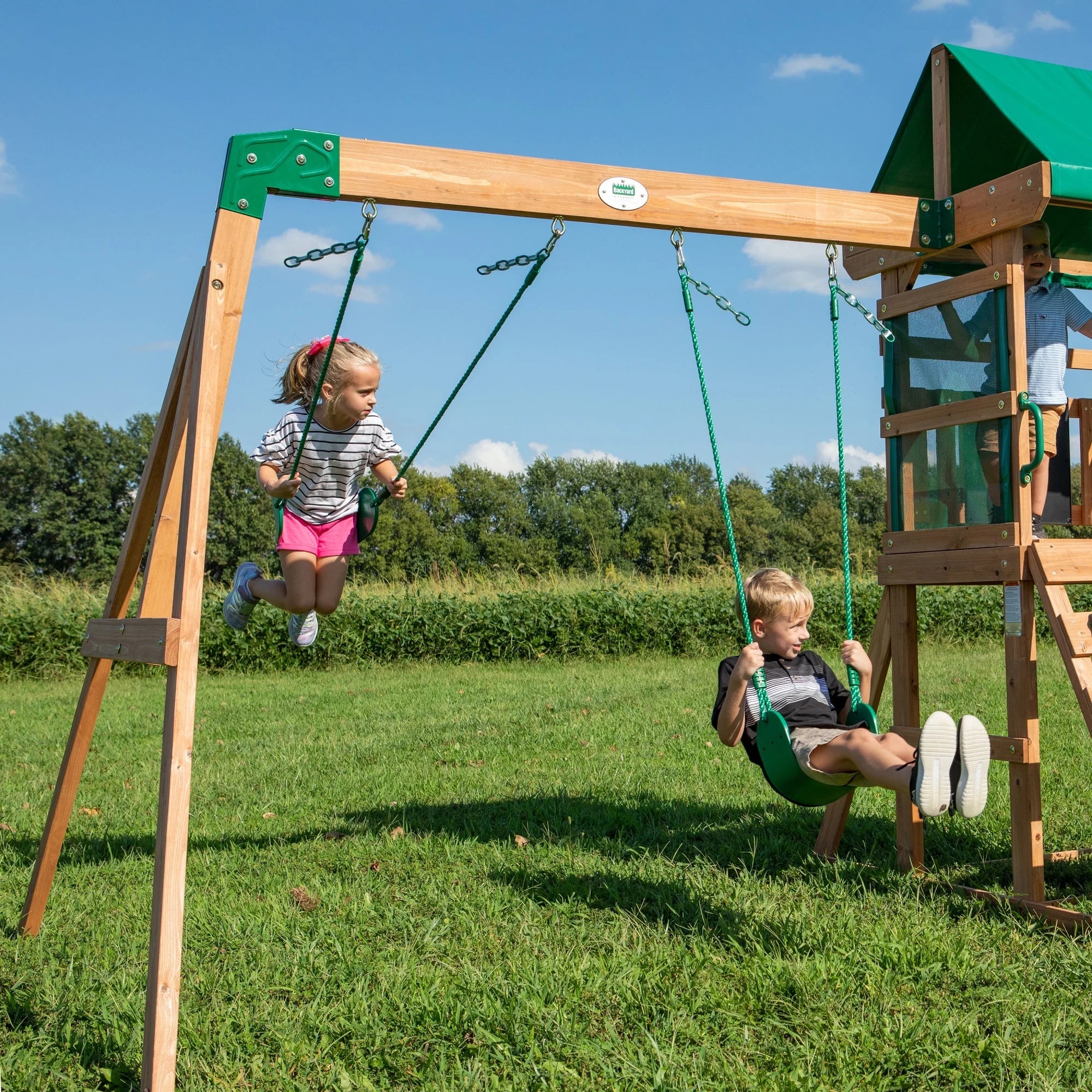 Backyard Discovery Buckley Hill Cedar Wood Swing Set with Two Belt Swings & Shaded Deck pinegardens
