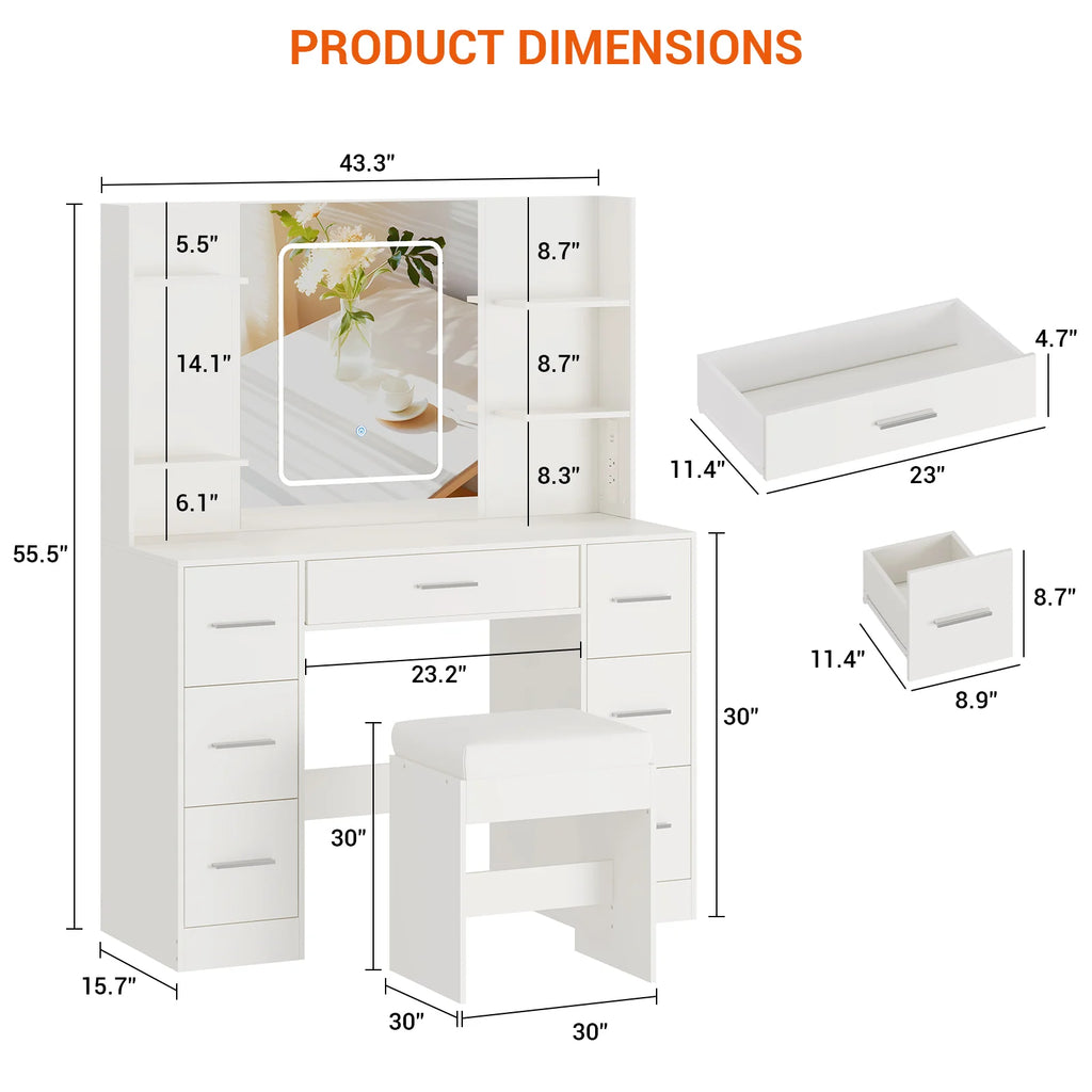 Garvee 43.3'' Vanity Desk Stool Set, Modern Makeup Table with Lighted Mirror, Power Outlet, 7 Drawers, 4 Open Shelves, White pinegardens