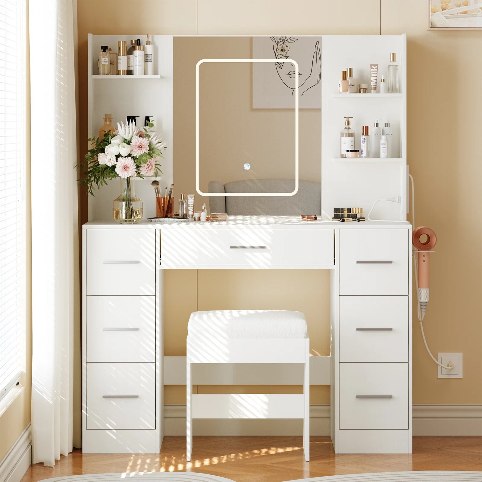 Garvee 43.3'' Vanity Desk Stool Set, Modern Makeup Table with Lighted Mirror, Power Outlet, 7 Drawers, 4 Open Shelves, White pinegardens