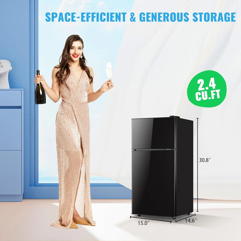 2.4 Cu.Ft Mini Fridge with Freezer & Double Door Small Tiny Size Refrigerator with 7 Temperature Control Knob Only Suitable for One Person Use Black mysite