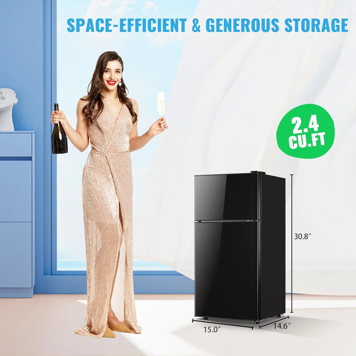 2.4 Cu.Ft Mini Fridge with Freezer & Double Door Small Tiny Size Refrigerator with 7 Temperature Control Knob Only Suitable for One Person Use Black mysite