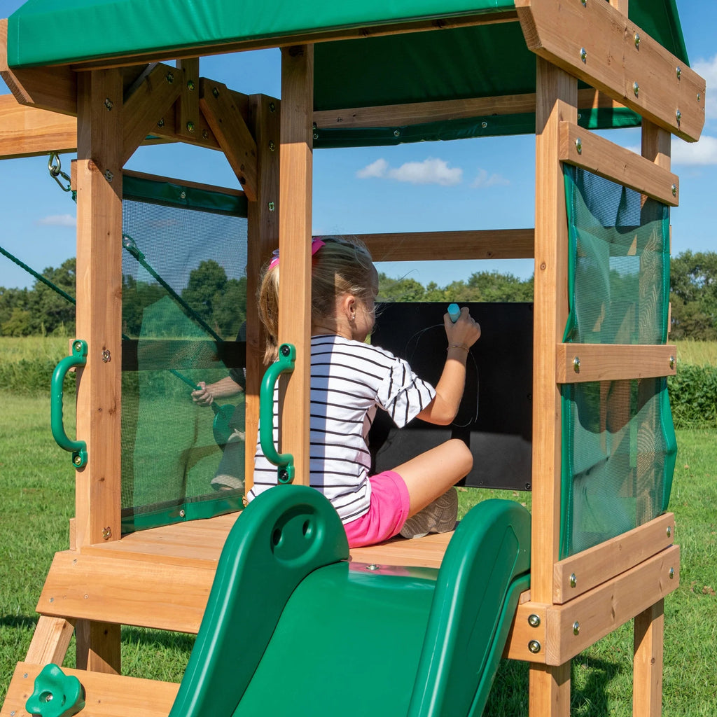 Backyard Discovery Buckley Hill Cedar Wood Swing Set with Two Belt Swings & Shaded Deck pinegardens