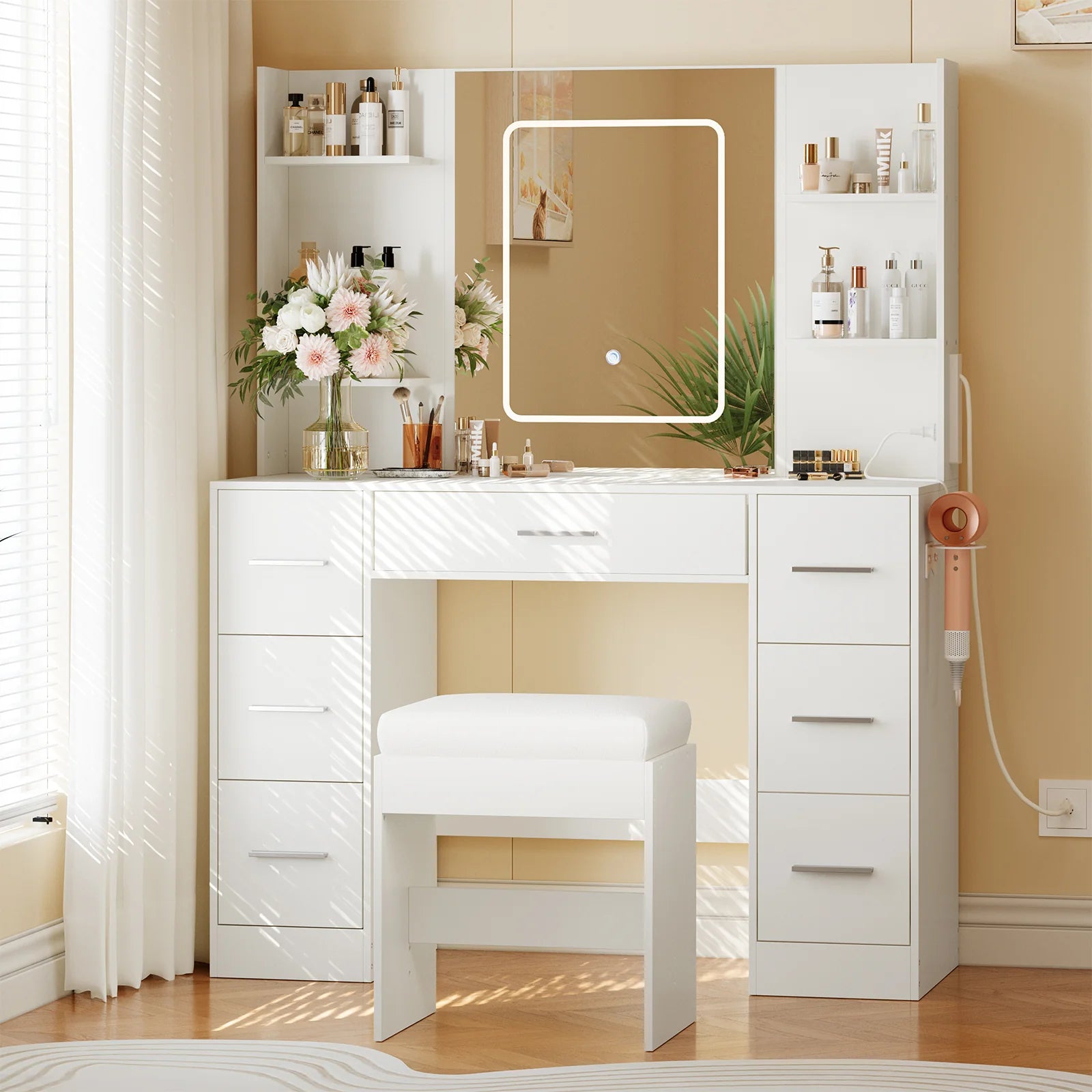 Garvee 43.3'' Vanity Desk Stool Set, Modern Makeup Table with Lighted Mirror, Power Outlet, 7 Drawers, 4 Open Shelves, White pinegardens