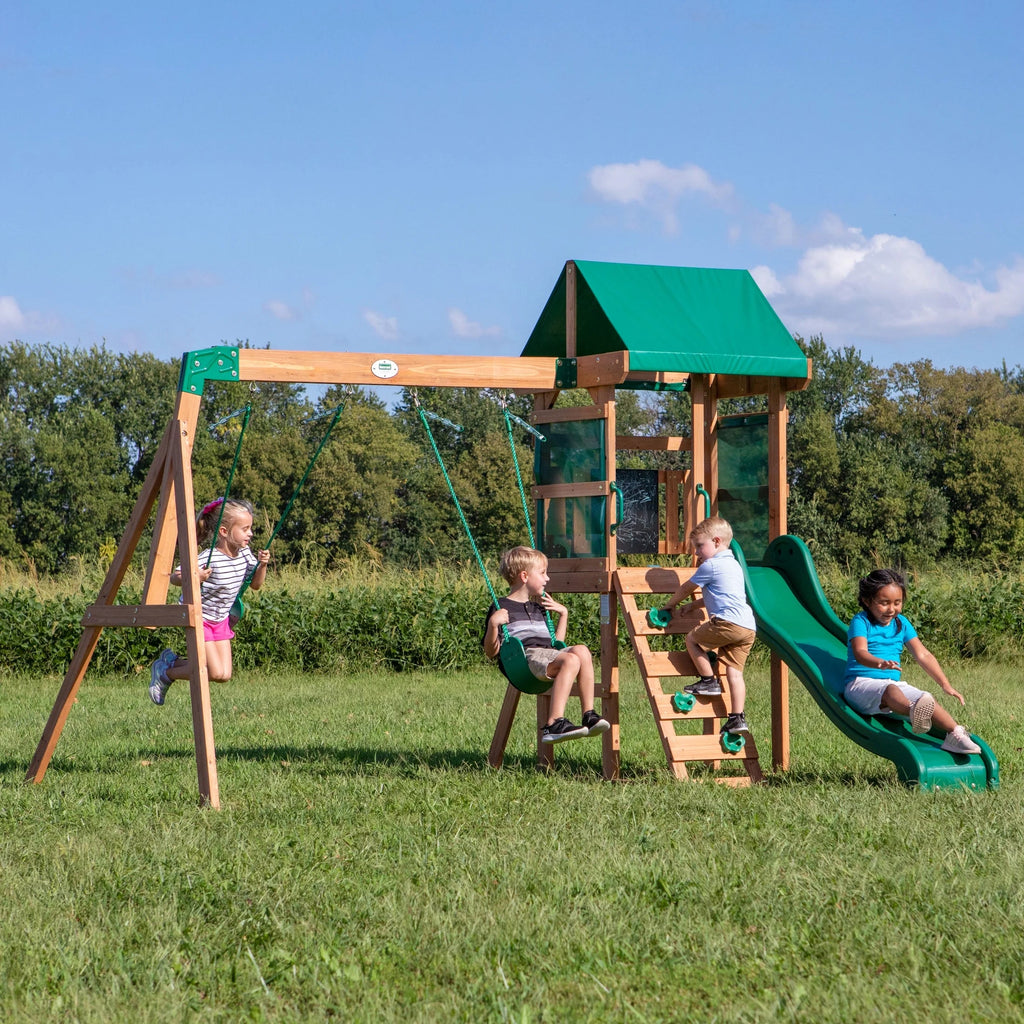 Backyard Discovery Buckley Hill Cedar Wood Swing Set with Two Belt Swings & Shaded Deck pinegardens