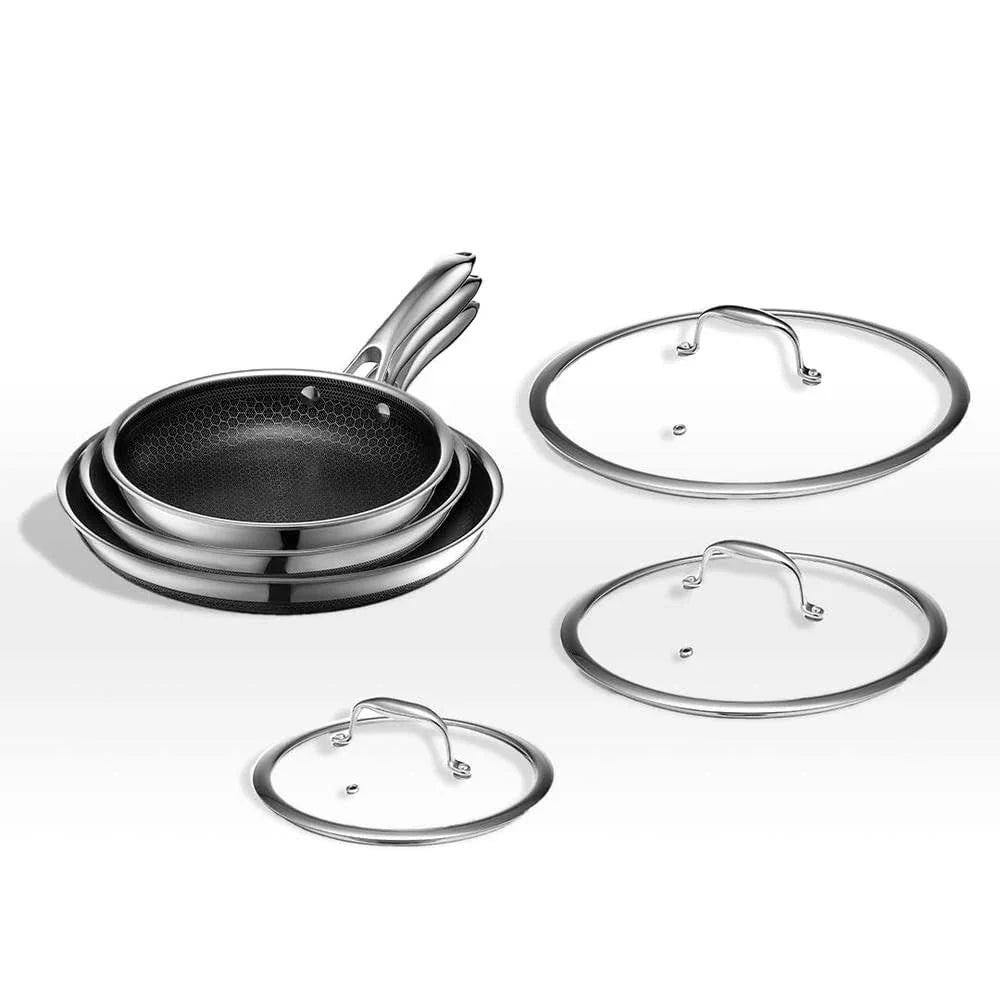 HexClad 6 Piece Hybrid Stainless Steel Cookware Pan Set 8 inch, 10 inch, 12 inch with Glass Lids, Size: One size, Black mysite