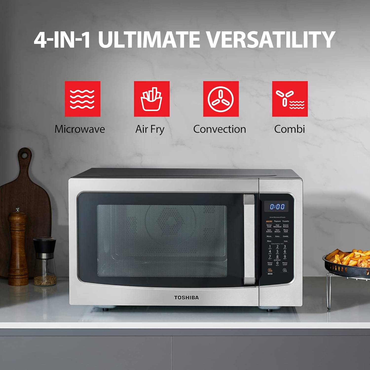 TOSHIBA 4-in-1 ML-EC42P(SS) Countertop Microwave Oven, Smart Sensor, Convection, Air Fryer Combo, Mute Function, Position Memory 13.6" Turntable, 1.5 Cu Ft, 1000W, Silver mysite